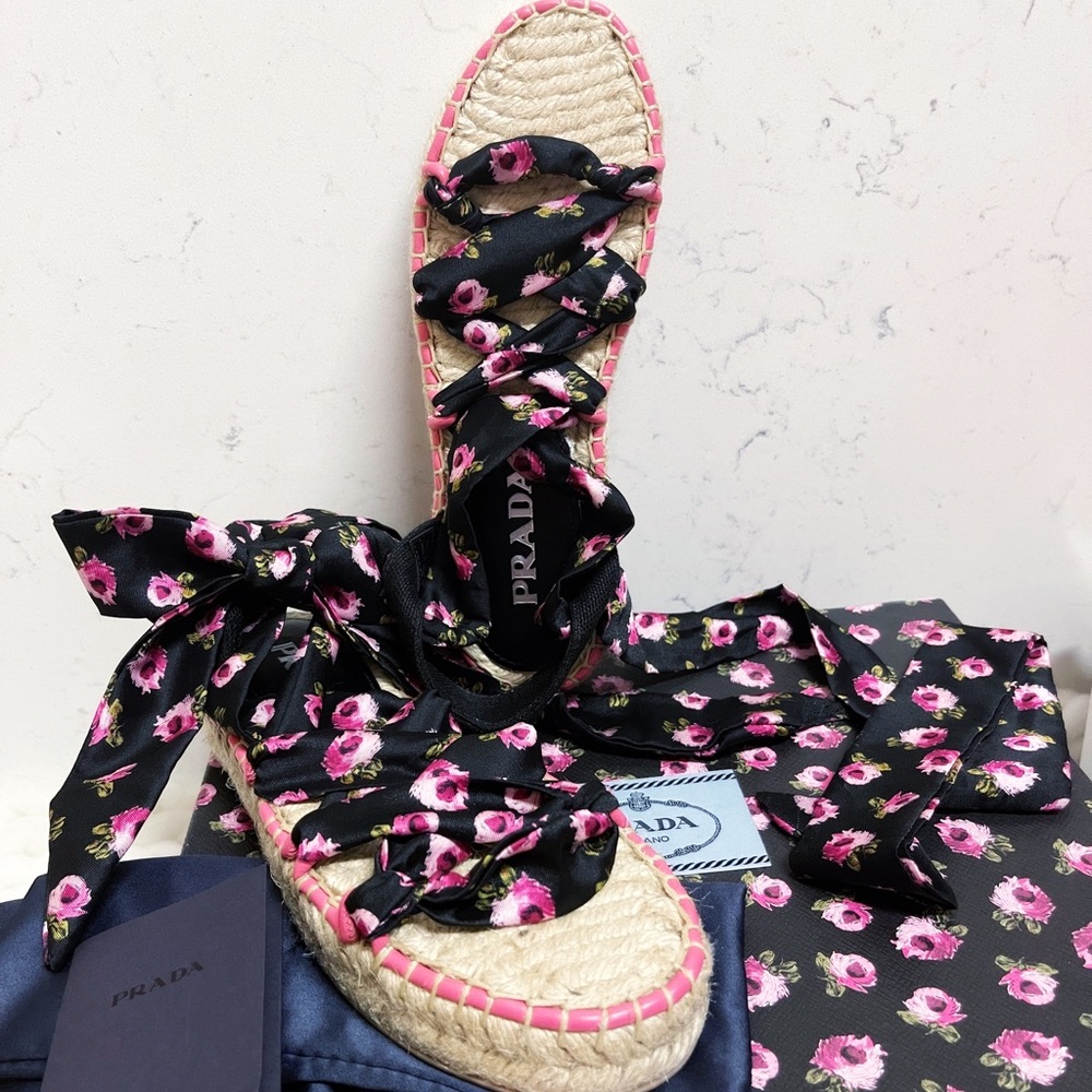 Authentic Prada BRAND NEW Wrap Around Floral Espadrille Platform Flats - Picture 8 of 10
